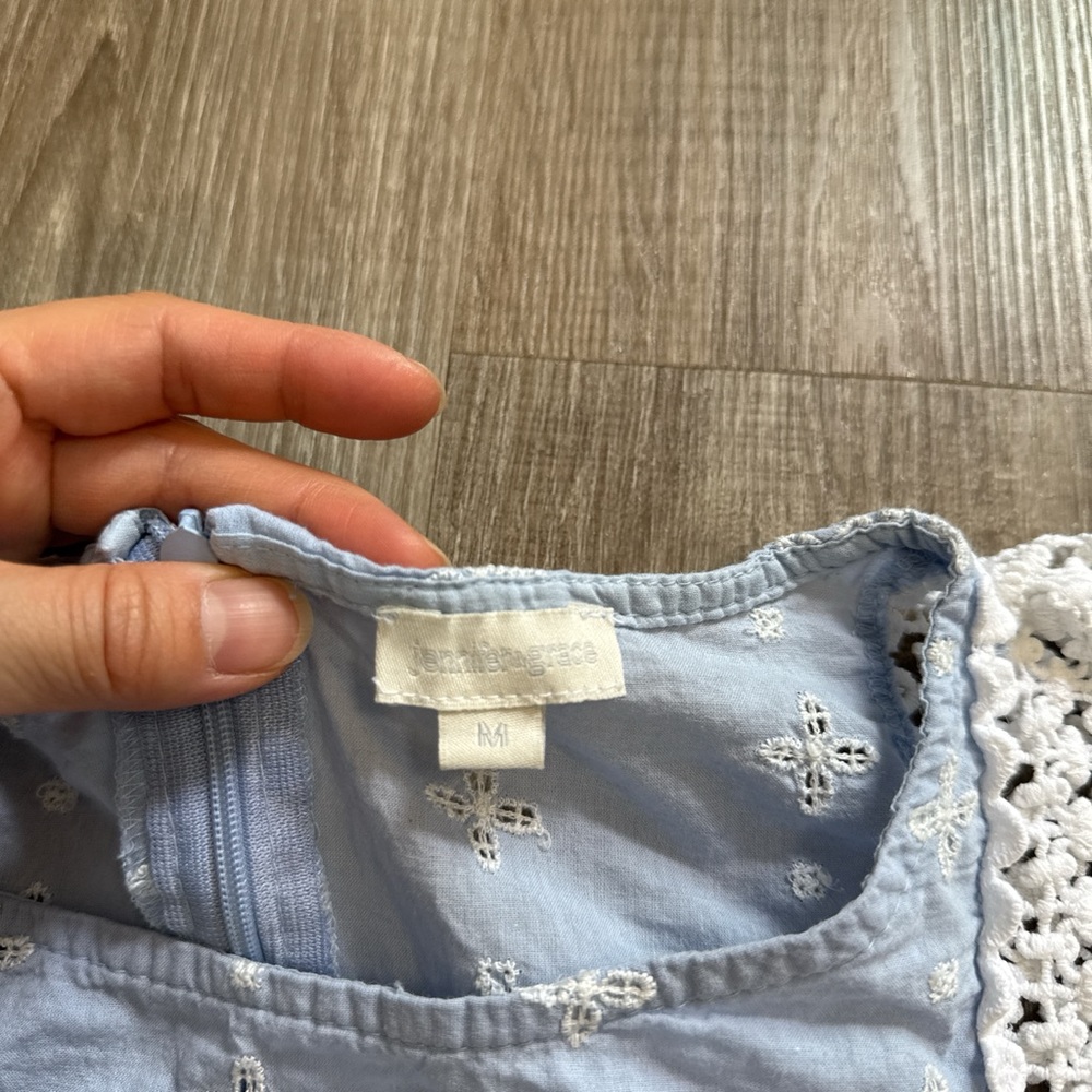 Jennifer & Grace 100% Cotton Eyelet Lace Trim Light Blue Babydoll Blouse Size M - Picture 3 of 12
